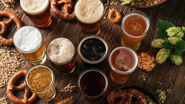 Top-down flat lay of assorted craft beers arranged on a rustic wooden table with pretzels, snacks, barley and fresh hops, featuring balanced composition and generous copy space.