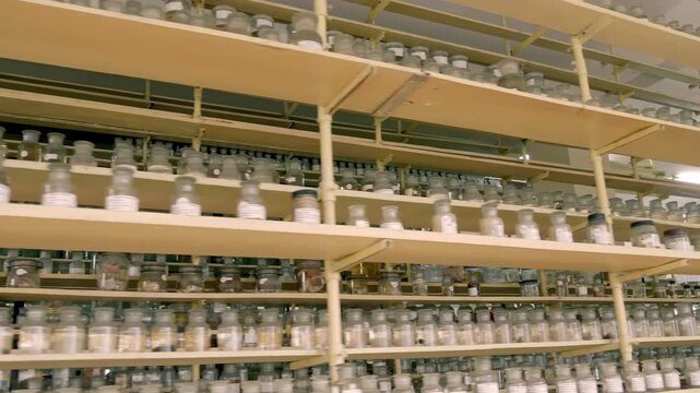 Thousands of clear glass jars with signed white labels containing embalmed fish, marine animals and others artifacts standing in the shelves. Shot in motion