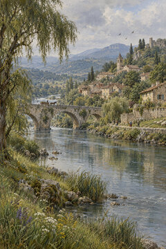 Classical Oil Painting of a River Town: Old Stone Bridge and Waterfront CottagesDescription: A beautiful fine art oil painting of a peaceful river flowing through a historic European town. An old ston
