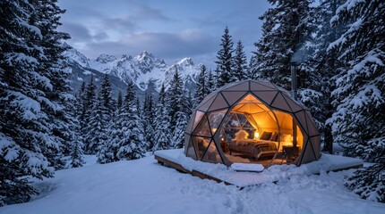 Warm geometric dome tent in winter mountain forest at dusk © ShahinSha