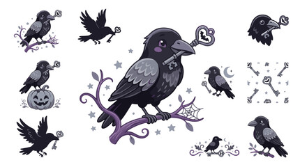 Fototapeta premium Collection of spooky halloween black birds and bats with moon and pumpkin illustrations