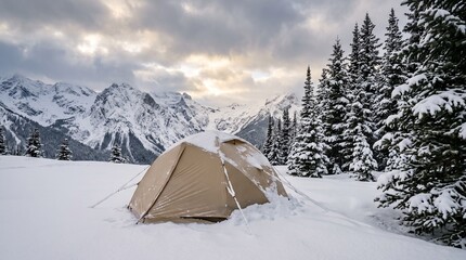 Snow-covered tent in a mountainous winter landscape © ShahinSha