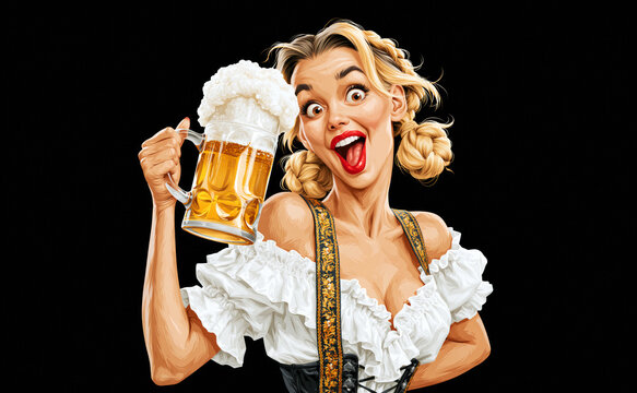Illustration of playful blonde woman in dirndl holding overflowing beer mug, Oktoberfest concept