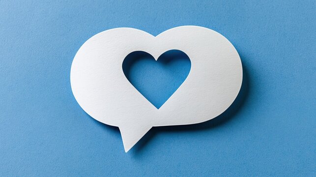 White paper speech bubble with heart cutout on blue background
