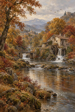 Oil Painting of an Autumn River Landscape: Classic Fine Art with a Stone Cottage, Watermill, and BridgeDescriptionA beautiful and traditional oil painting capturing a serene autumn landscape. The artw