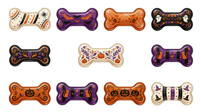 Collection of colorful dog bone treats with various patterns and textures