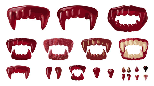 Collection of various cartoon vampire fangs and teeth with different expressions