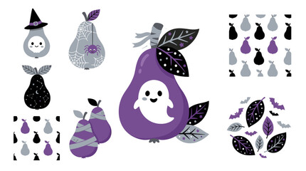 Obraz premium Halloween themed illustration with ghosts pumpkins and spooky decorations on dark background