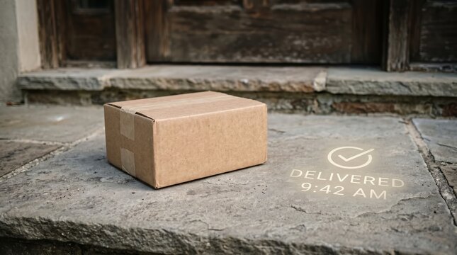 a cardboard parcel box delivered on a doorstep with a digital delivered text projection.