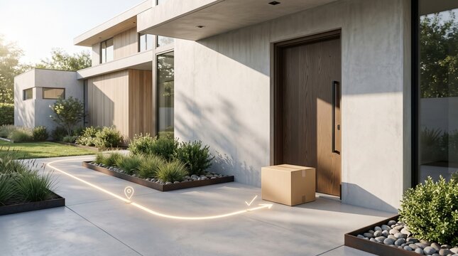 a parcel delivery box at the doorstep of a modern house with a glowing route map line.