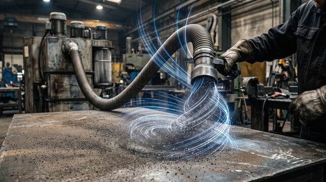 industrial worker using a vacuum hose to clean metal debris and dust in a factory.