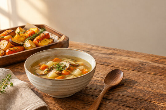 Ceramic bowl of soup with roasted root vegetables on rustic table, autumn comfort food and home cooking concept