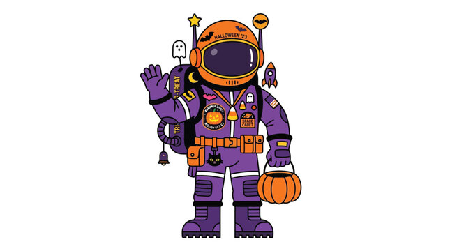 Waving astronaut character wearing an orange helmet with spooky halloween festive patches and purple space suit