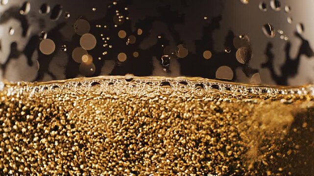 Macro Close Up of Cold Carbonated Golden Liquid Pouring into Glass with Bubbles and Condensation