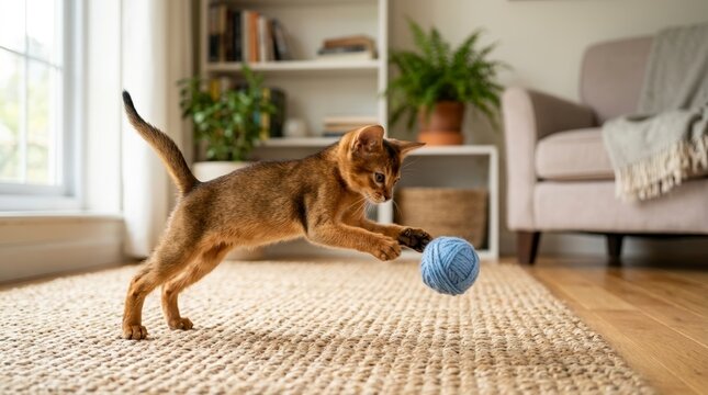 Abyssinian kitten jumping to catch a blue ball of yarn. Playful young cat pouncing on a woven rug in a sunlit living room. Active domestic pet lifestyle