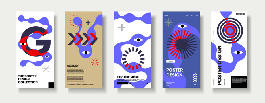 Design collection of abstract poster layouts featuring flowing shapes, eyes, circles, arrows and bold typography in a modern geometric editorial graphic style.