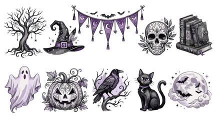 Obraz premium Halloween themed illustrations including ghost pumpkin skull cat raven and witch hat