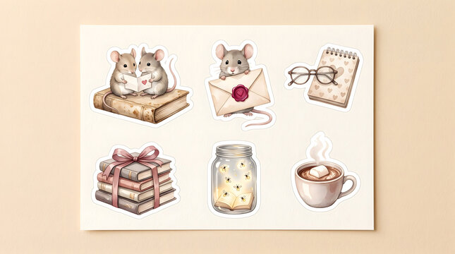 Cute watercolor mouse sticker pack mockup. Cozy reading aesthetic stickers with mice, books, love letter, firefly jar, and coffee cup. Digital illustration for scrapbooking.