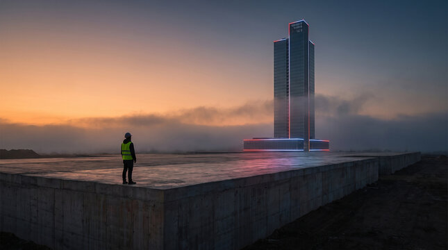 Lone figure contemplates a futuristic cityscape under a dramatic sunset sky