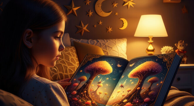 Child Immersed In Enchanting Fairy Tale Book Before Bedtime
