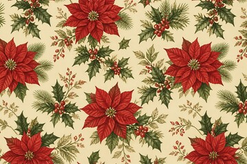 Obraz premium Poinsettia floral pattern repeated on vintage cream background