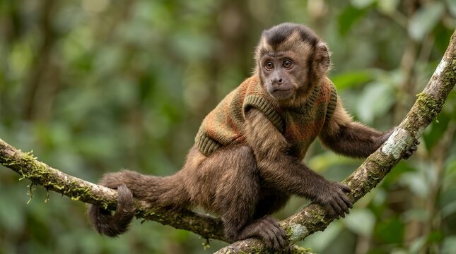 Capuchin monkey wearing a striped knit sweater sitting on a tree branch. Cute primate in clothing in a lush green forest. Wildlife photography with copy space