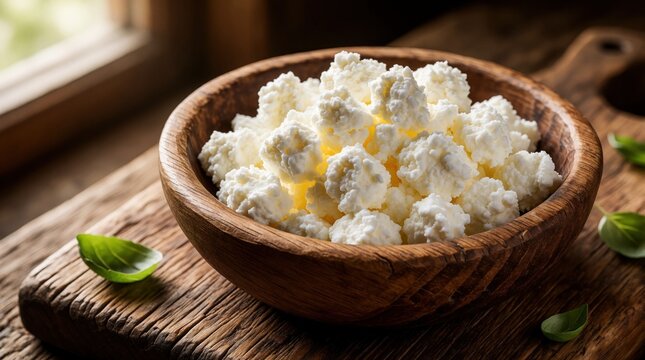 Fresh creamy white artisan cheese curds in rustic wooden bowl. Ricotta curd snack sits on wooden table with green basil leaves. Organic dairy product with milky texture for healthy breakfast gourmet
