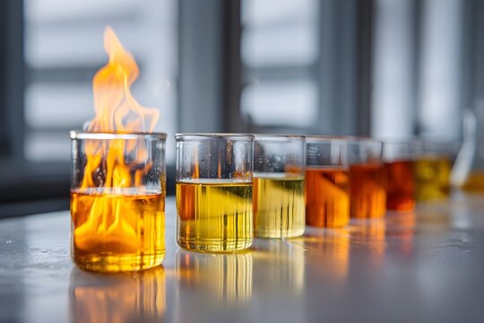 Sequence of glass beakers with colored liquids and one flaming sample on table