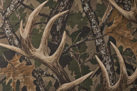 Hunting camouflage pattern with deer antlers and tree branches