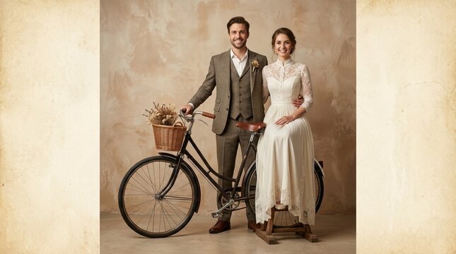 Wedding couple posing with a vintage bicycle. Bride in lace dress and groom in tweed suit. Rustic studio portrait of newlyweds