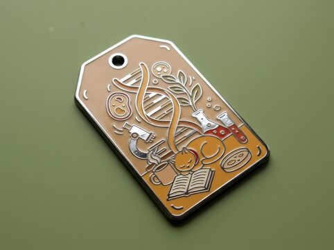 Science tag with DNA helix and lab symbols on olive background