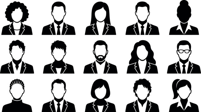 Collection of diverse faceless business people in suits and formal wear icons