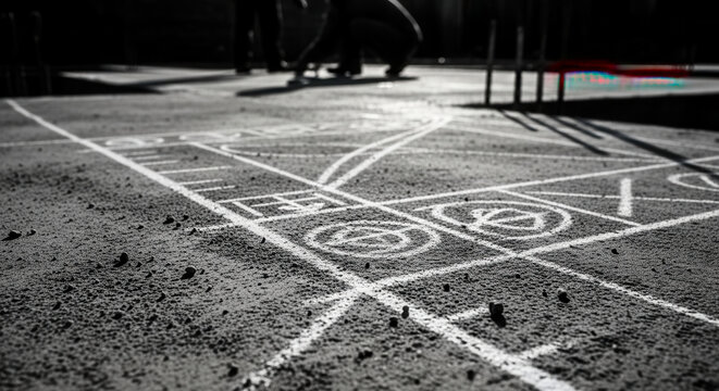 Childrens Outdoor Game Chalk Drawing On Pavement In The Sun