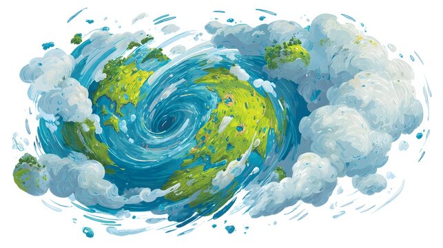 Whirling stylized planet fragments and clouds in a circular storm illustration