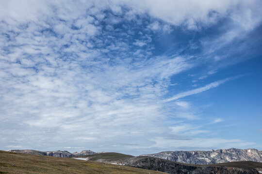 Scenic High Mountain Landscape at Beartooth Pass Under Clear Blue Skies, Montana, USA
