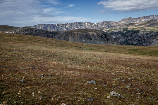 Scenic High Mountain Landscape at Beartooth Pass Under Clear Blue Skies, Montana, USA