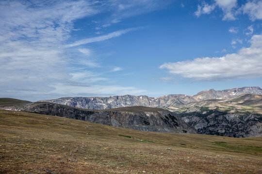 Scenic High Mountain Landscape at Beartooth Pass Under Clear Blue Skies, Montana, USA