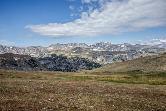 Scenic High Mountain Landscape at Beartooth Pass Under Clear Blue Skies, Montana, USA