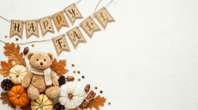 A cute teddy bear with pumpkins, autumn leaves, pinecones, and cinnamon sticks on a white background with a happy fall banner
