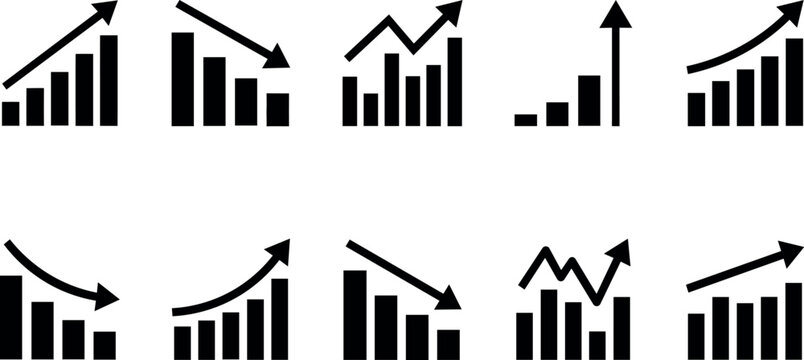 Collection of black business charts and graphs illustrating growth and decline