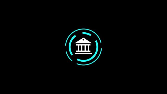 Geometric building icon rotates within a circular neon blue frame on black