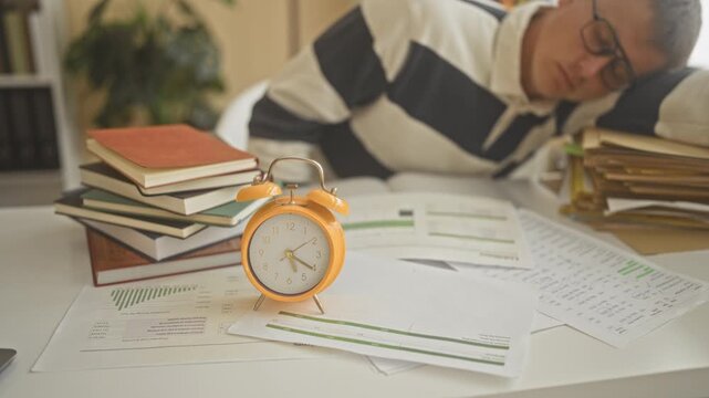 Man sleeping with head on arm beside orange alarm clock and stacked books inside building study room; exhaustion deadline stress.