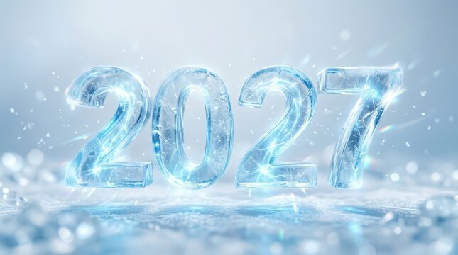 2027 year digits made of realistic ice with frost textures and glowing blue light effects on a cold winter background with snowflakes