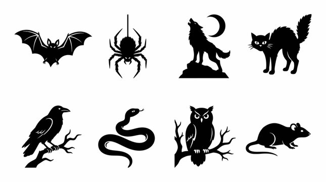 Halloween spooky animals silhouettes set black vector editable eps