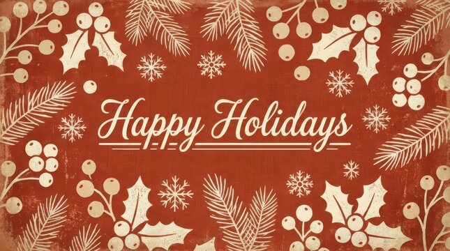 Happy holidays greeting card design with vintage style typography, pine branches, holly berries, and snowflakes on a textured red background