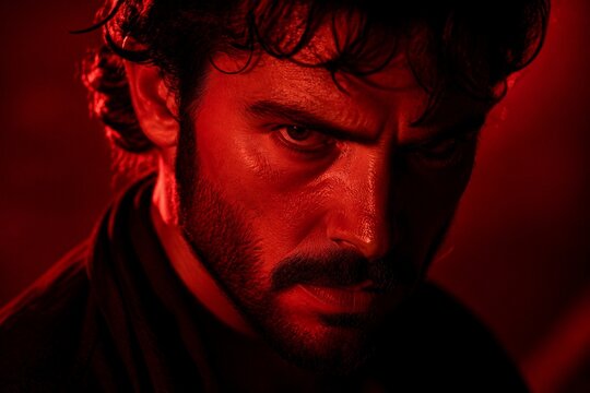 Man staring intensely under red light in dark closeup