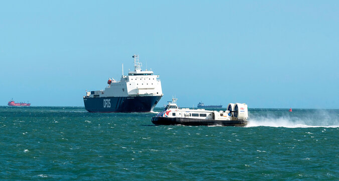 Portsmouth England UK. 05.08.2026.  Shipping on The Solent with a passenger hovercraft heading into Southsea southern England.