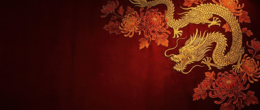 Traditional chinese new year background with golden dragon and chrysanthemum flowers on a textured dark red surface