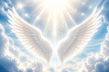 Obraz premium Pair of angel wings glowing beneath radiant celestial light