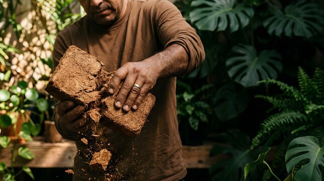 Man breaking block of compressed coco peat brick surrounded by lush green foliage   